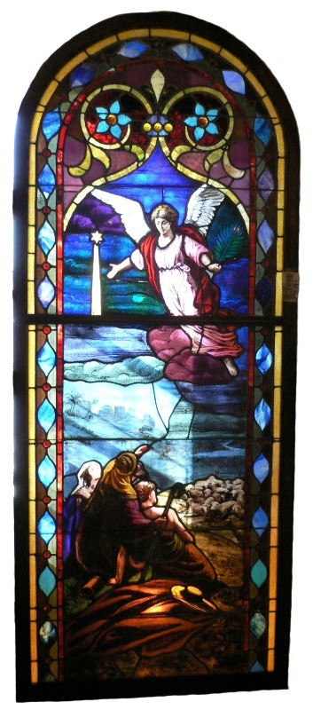 SOLD Rare William Reith Antique Figural Stained Glass Window, Angel with Shepherds & Sheep-0