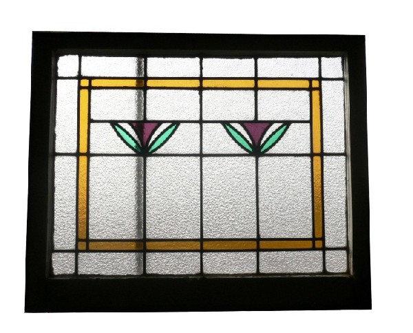 SOLD Three Matching Antique American Stained Glass Windows, Tulip-0