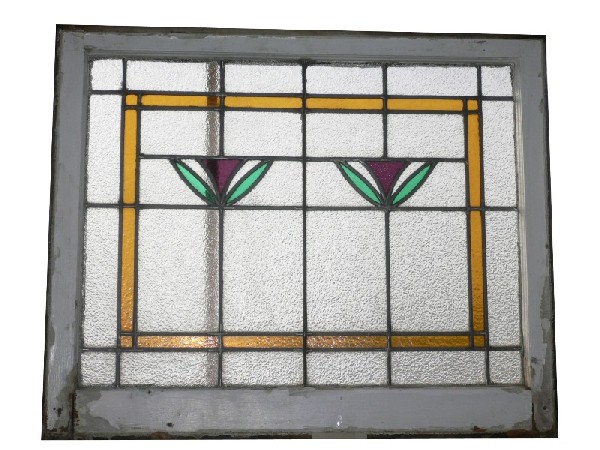 SOLD Three Matching Antique American Stained Glass Windows, Tulip-15960