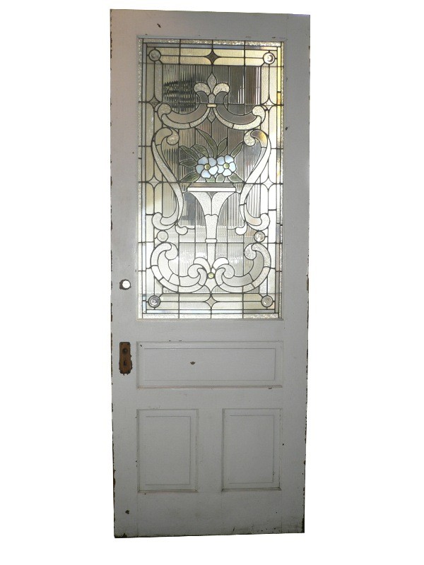 SOLD Stunning Antique American Jeweled Stained Glass Chestnut Door, Fleur-de-lis, 19th Century-0