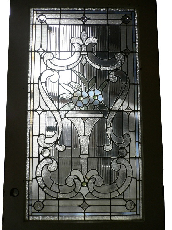 SOLD Stunning Antique American Jeweled Stained Glass Chestnut Door, Fleur-de-lis, 19th Century-15978