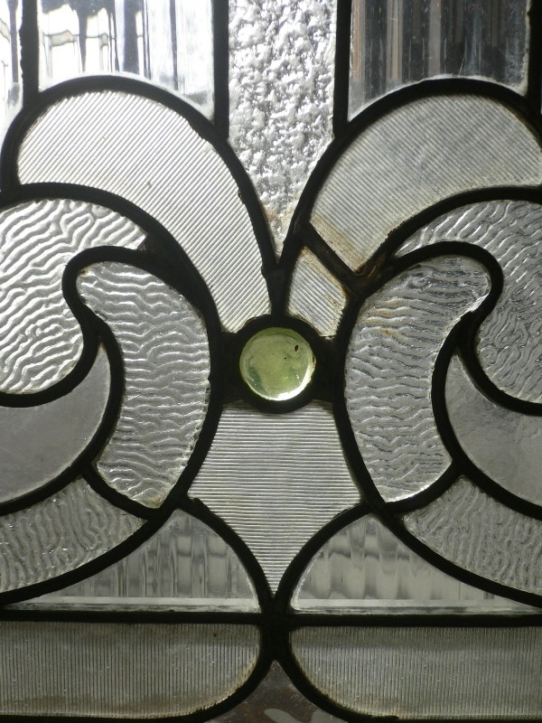 SOLD Stunning Antique American Jeweled Stained Glass Chestnut Door, Fleur-de-lis, 19th Century-15980