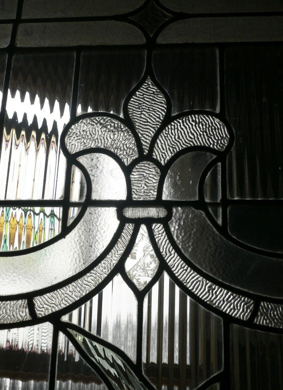 SOLD Stunning Antique American Jeweled Stained Glass Chestnut Door, Fleur-de-lis, 19th Century-15983