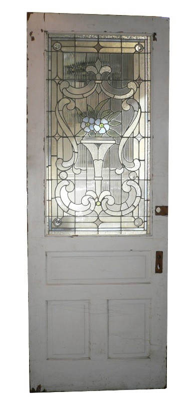SOLD Stunning Antique American Jeweled Stained Glass Chestnut Door, Fleur-de-lis, 19th Century-15984