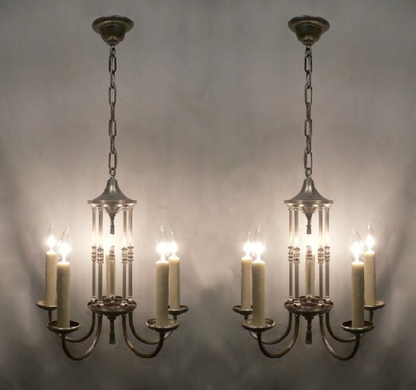 SOLD Wonderful Pair of Antique Silver Plated Five-Light Chandeliers-0