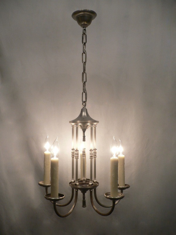 SOLD Wonderful Pair of Antique Silver Plated Five-Light Chandeliers-15986