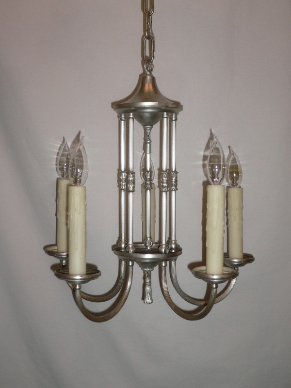 SOLD Wonderful Pair of Antique Silver Plated Five-Light Chandeliers-15987