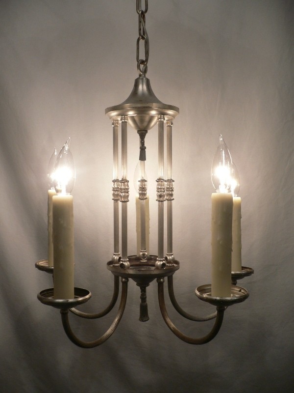 SOLD Wonderful Pair of Antique Silver Plated Five-Light Chandeliers-15991