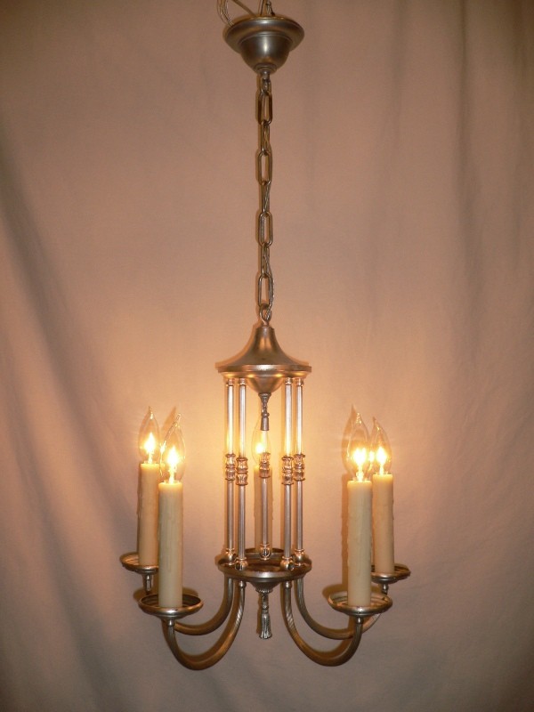 SOLD Wonderful Pair of Antique Silver Plated Five-Light Chandeliers-15992