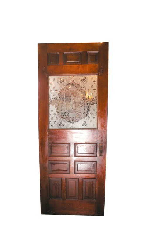 SOLD Fabulous Antique Carved Heart of Pine Door with Acid-Etched Figural Glass, Crackled Finish-16022