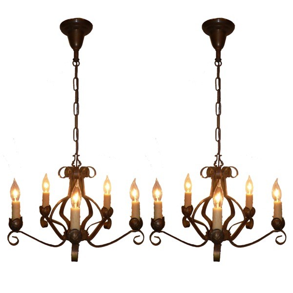 SOLD Marvelous Pair of Antique Five-Light Iron Chandeliers with Original Polychrome Finish-0