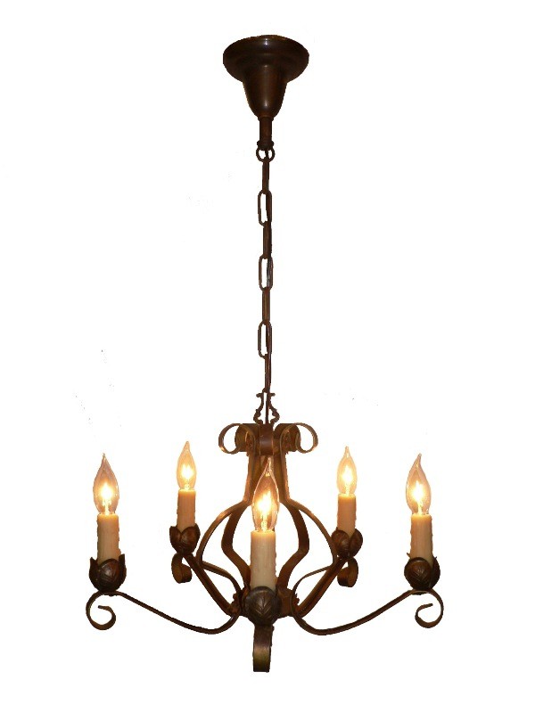 SOLD Marvelous Pair of Antique Five-Light Iron Chandeliers with Original Polychrome Finish-16025