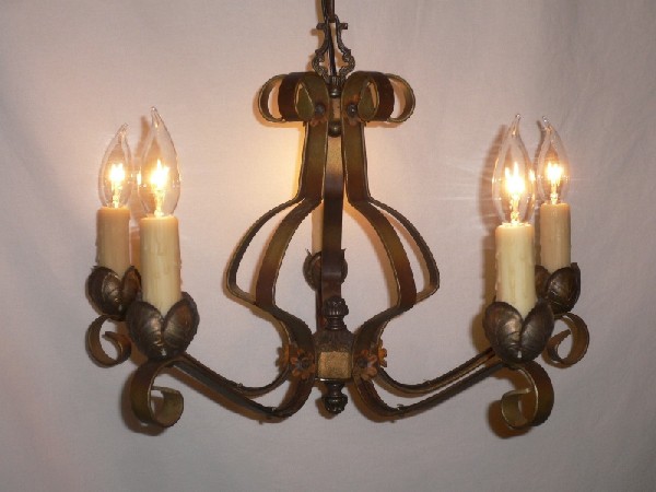 SOLD Marvelous Pair of Antique Five-Light Iron Chandeliers with Original Polychrome Finish-16029