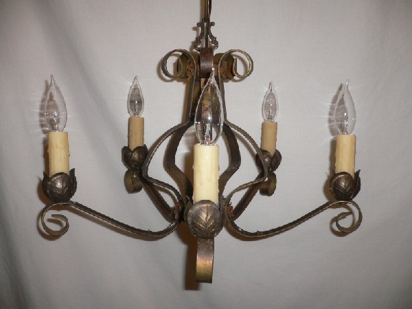 SOLD Marvelous Pair of Antique Five-Light Iron Chandeliers with Original Polychrome Finish-16030