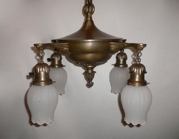 SOLD Handsome Antique Four-Light Cast Brass Chandelier, c. 1910-16039