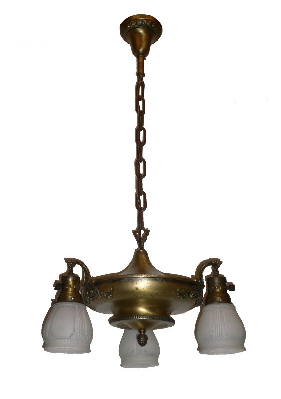 SOLD Remarkable Antique Three-Light Cast Brass Chandelier with Original Shades-16041