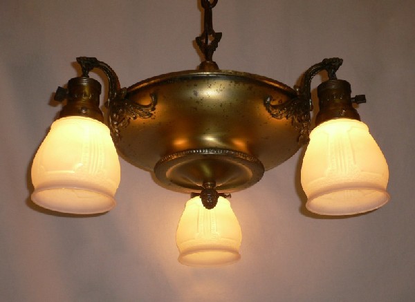 SOLD Remarkable Antique Three-Light Cast Brass Chandelier with Original Shades-16047