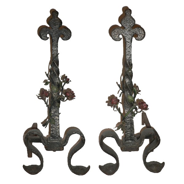 SOLD Out of this World Hand-Forged Iron Andirons with Fleur-de-lis and Roses, Early 1900’s-0