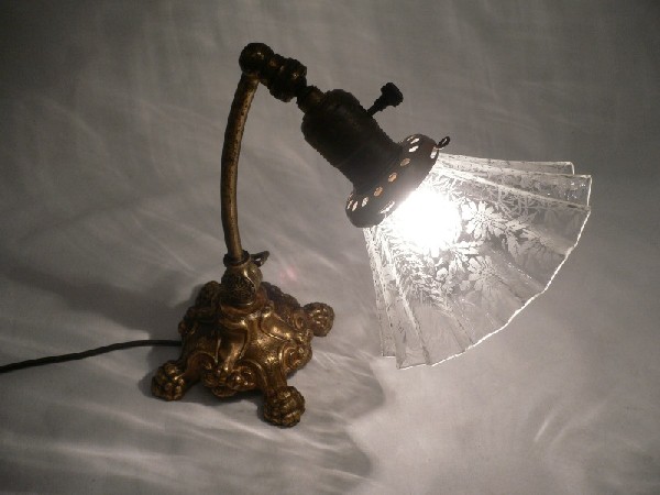 SOLD Delightful Antique Neoclassical Table Lamp with Rare Original Acid-Etched Shade-0