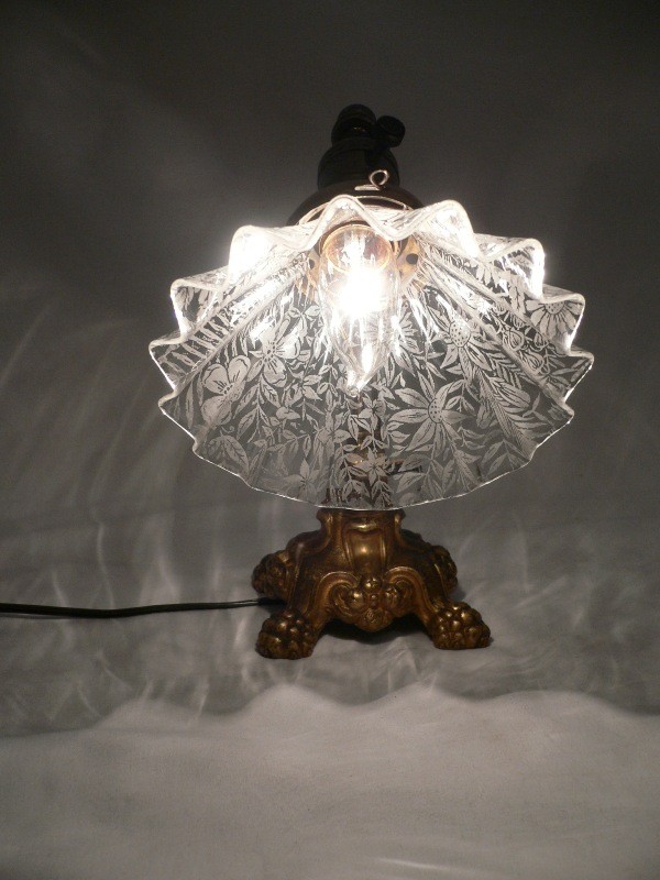 SOLD Delightful Antique Neoclassical Table Lamp with Rare Original Acid-Etched Shade-16113