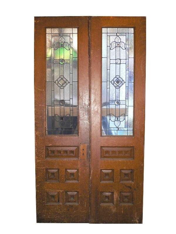 SOLD Splendid Antique Pair of Doors with Fabulous Leaded Glass, c. 1890, Stylized Fleur-de-Lis-0