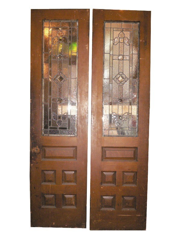 SOLD Splendid Antique Pair of Doors with Fabulous Leaded Glass, c. 1890, Stylized Fleur-de-Lis-16238