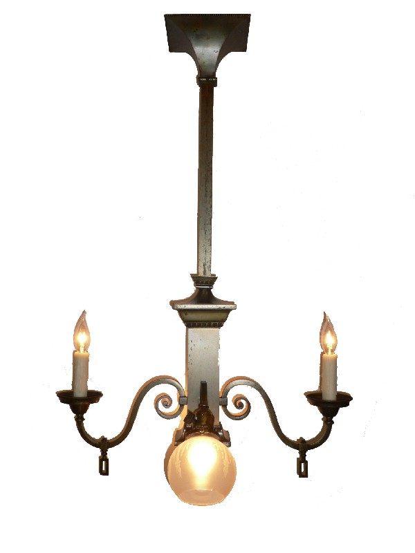 SOLD Amazing Antique Arts and Crafts Gas & Electric Chandelier, Original Acid-Etched & Hand-Cut Shades-0