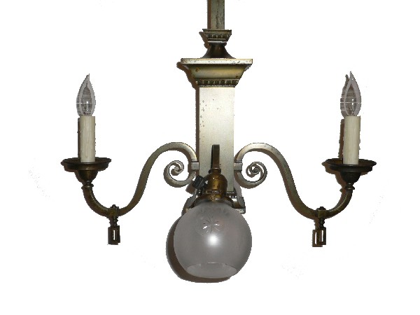SOLD Amazing Antique Arts and Crafts Gas & Electric Chandelier, Original Acid-Etched & Hand-Cut Shades-16240