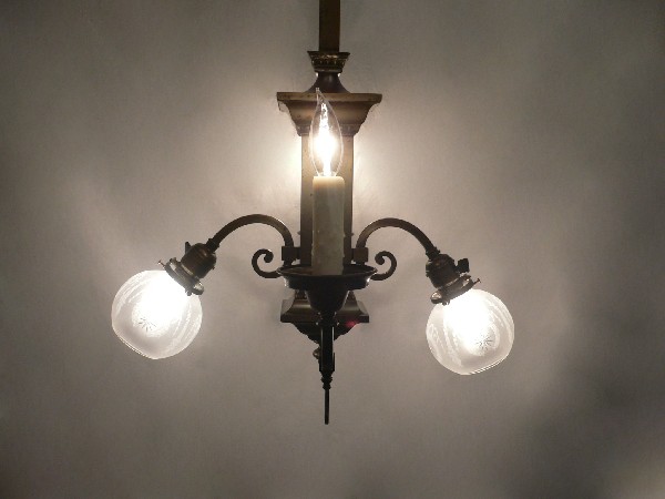 SOLD Amazing Antique Arts and Crafts Gas & Electric Chandelier, Original Acid-Etched & Hand-Cut Shades-16241