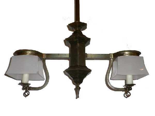 SOLD Wonderful Antique Brass Two-Light Gas Arts and Crafts Chandelier, 1890’s-16264