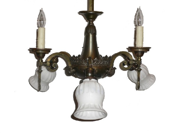 SOLD Marvelous Antique Neoclassical Brass Six-Light Gas & Electric Chandelier, Fleur-de-Lis-16267