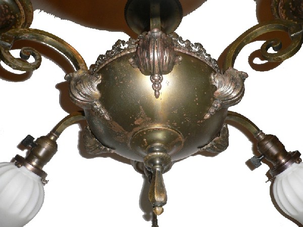 SOLD Marvelous Antique Neoclassical Brass Six-Light Gas & Electric Chandelier, Fleur-de-Lis-16268