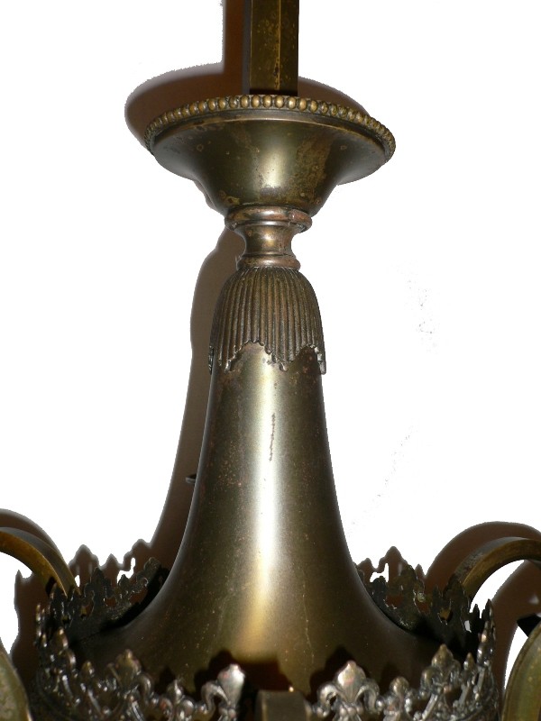 SOLD Marvelous Antique Neoclassical Brass Six-Light Gas & Electric Chandelier, Fleur-de-Lis-16269
