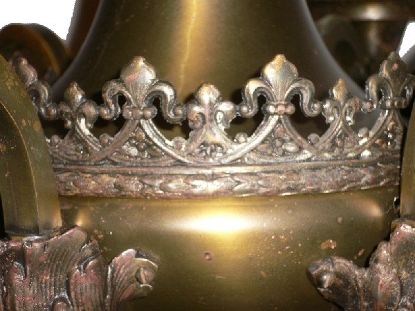 SOLD Marvelous Antique Neoclassical Brass Six-Light Gas & Electric Chandelier, Fleur-de-Lis-16270