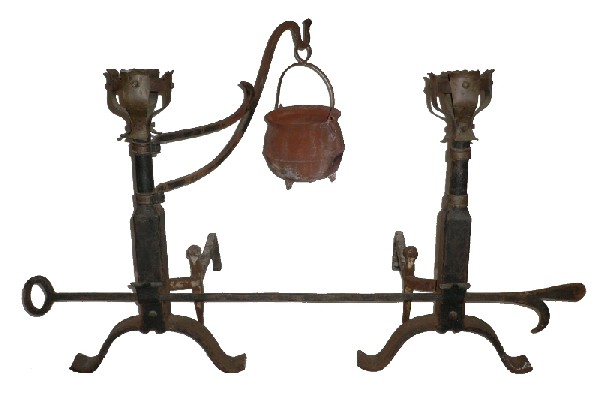 SOLD Splendid Pair of Antique Hand-Forged Iron Andirons with Poker & Iron Kettle, 19th Century-0