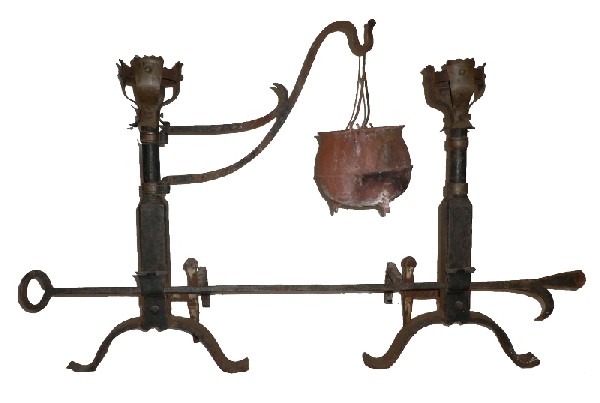 SOLD Splendid Pair of Antique Hand-Forged Iron Andirons with Poker & Iron Kettle, 19th Century-16295