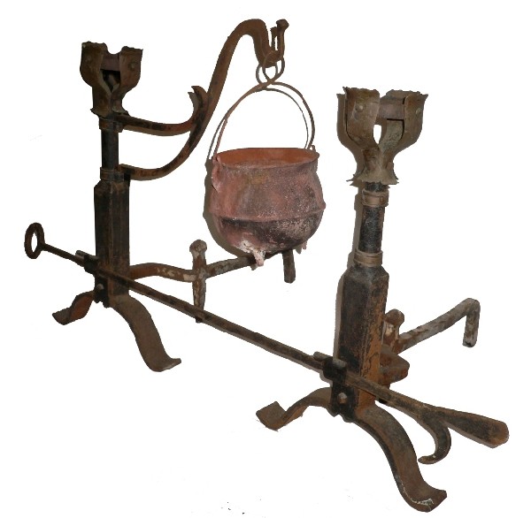 SOLD Splendid Pair of Antique Hand-Forged Iron Andirons with Poker & Iron Kettle, 19th Century-16298