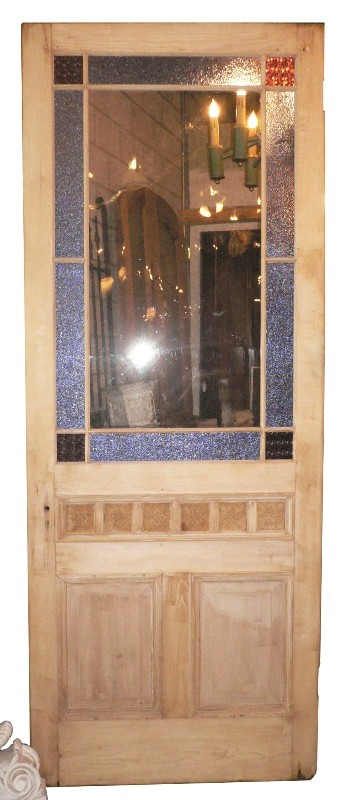 SOLD Wonderful Antique Carved Pine Door with American Blue & Violet Stained Glass, c. 1900-0