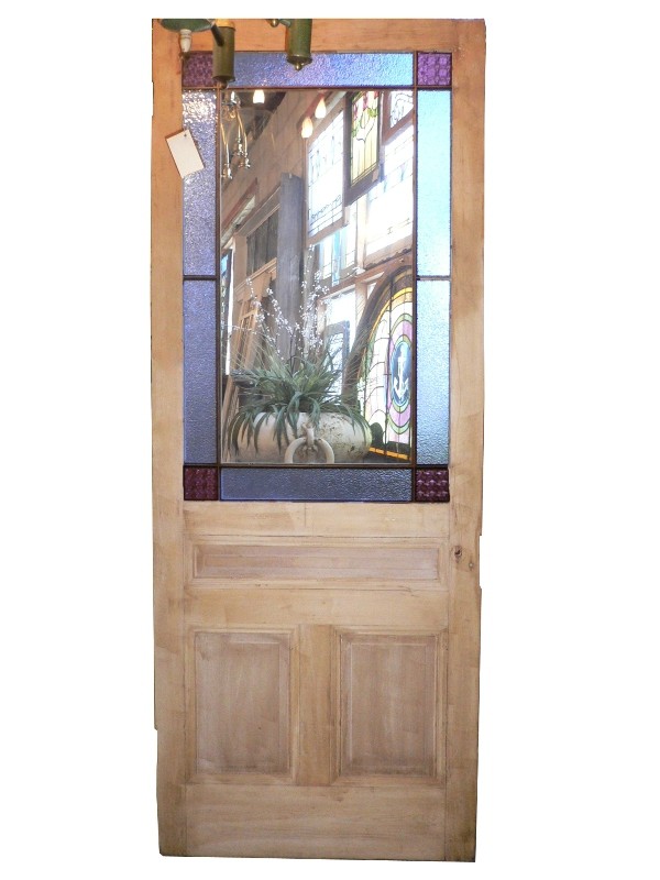 SOLD Wonderful Antique Carved Pine Door with American Blue & Violet Stained Glass, c. 1900-16303