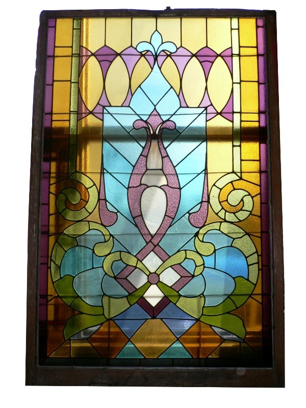 SOLD Magnificent Antique American Jeweled Stained Glass Window, Fleur-de-lis-0