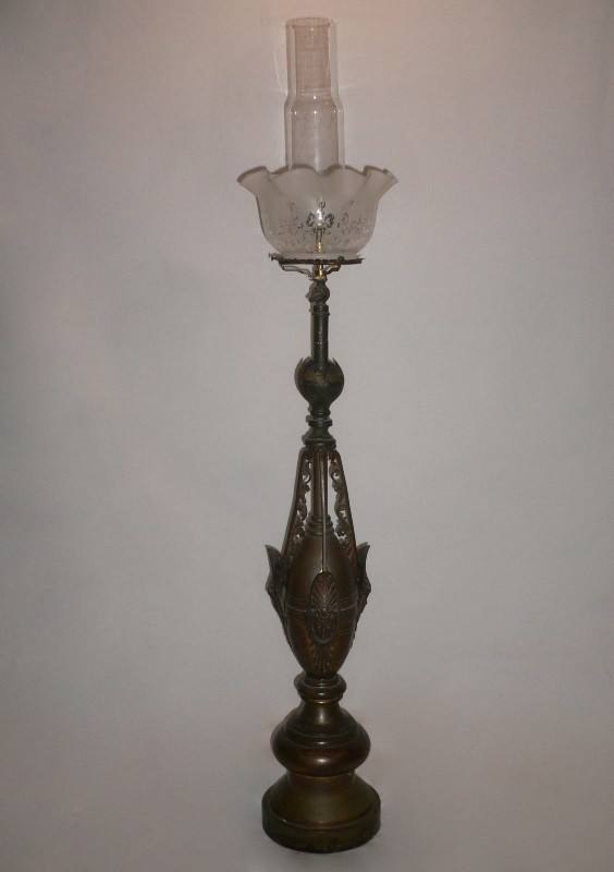 SOLD Remarkable Antique Egyptian Revival Figural Brass Gas Newel Post Lamp, Original Signed Chimney, c. 1880’s-0