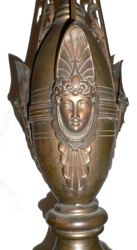 SOLD Remarkable Antique Egyptian Revival Figural Brass Gas Newel Post Lamp, Original Signed Chimney, c. 1880’s-16404