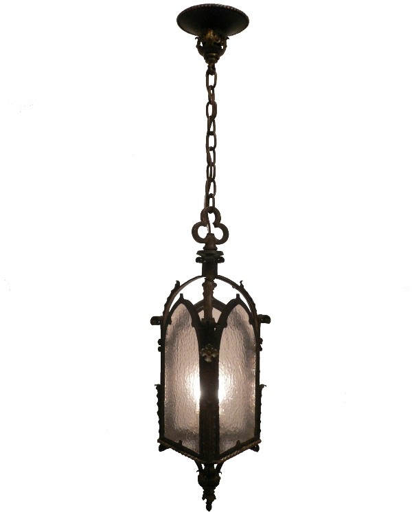 SOLD Unusual Antique Single-Light Gothic Revival Iron & Bronze Three-Sided Lantern-0