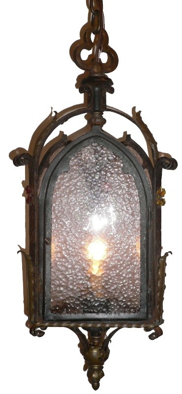 SOLD Unusual Antique Single-Light Gothic Revival Iron & Bronze Three-Sided Lantern-16487