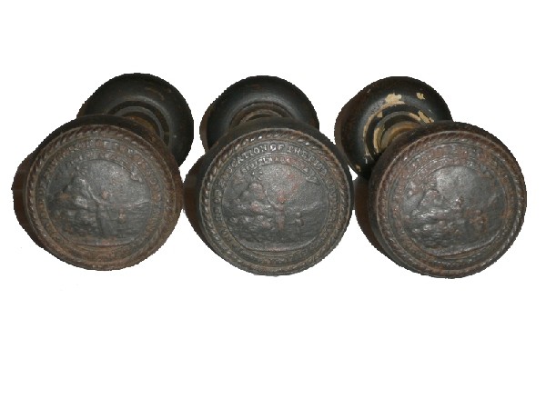 SOLD Unusual Set of Three Antique Figural Door Knob Sets, Cast Iron, Board of Education of the City of Detroit-0