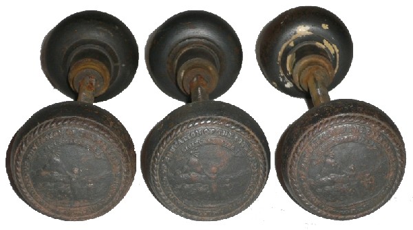 SOLD Unusual Set of Three Antique Figural Door Knob Sets, Cast Iron, Board of Education of the City of Detroit-16512