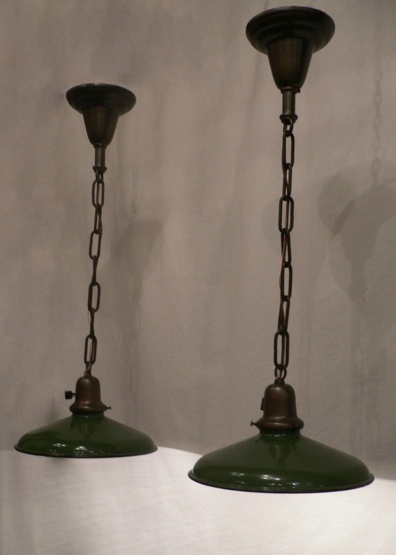 SOLD Delightful Pair of Antique Green Enamel & Porcelain Industrial Light Fixtures-0