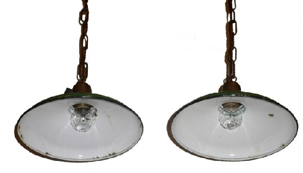 SOLD Delightful Pair of Antique Green Enamel & Porcelain Industrial Light Fixtures-16549