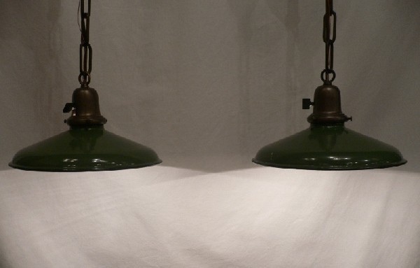 SOLD Delightful Pair of Antique Green Enamel & Porcelain Industrial Light Fixtures-16551