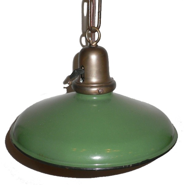SOLD Delightful Pair of Antique Green Enamel & Porcelain Industrial Light Fixtures-16552